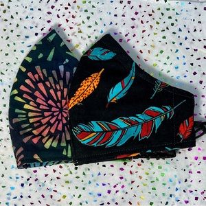 Set of 2 Colorful 100% Cotton 3-Layer Masks + Lanyards